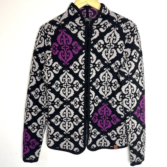 Neve Merino Wool Womens M Geometric Cardigan Jacket Warm Winter Artsy Office - Picture 1 of 9